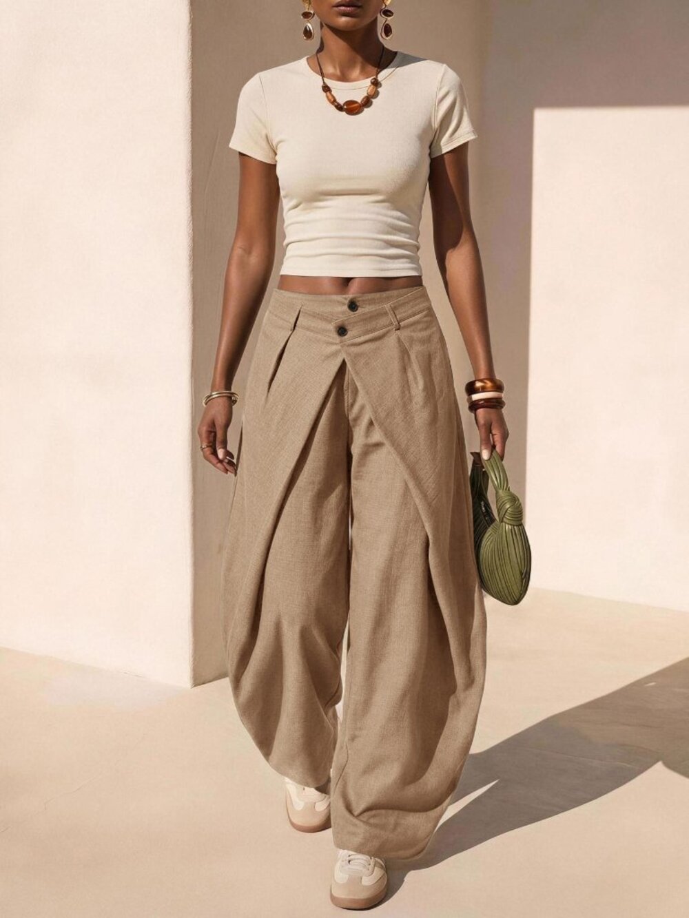 Khaki Casual Women's Pleated Button Decor Long Pants